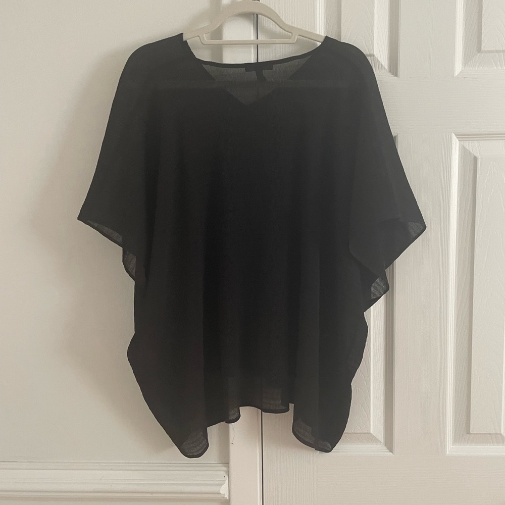 Eileen Fisher Missy Woven Sheer Mesh Plisse V-Neck Top / Poncho in Black Organic - Picture 4 of 6